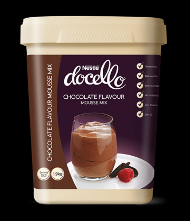 Nestle Docello Mousse Chocolate 1.9KG, a low GI, gluten-free powdered mix for rich, easy-to-make chocolate desserts.