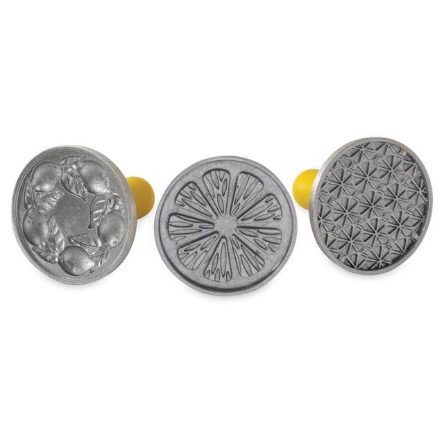 Nordic Ware Citrus Cookie Stamps featuring vibrant citrus designs and wooden handles for beautifully crafted cookies.