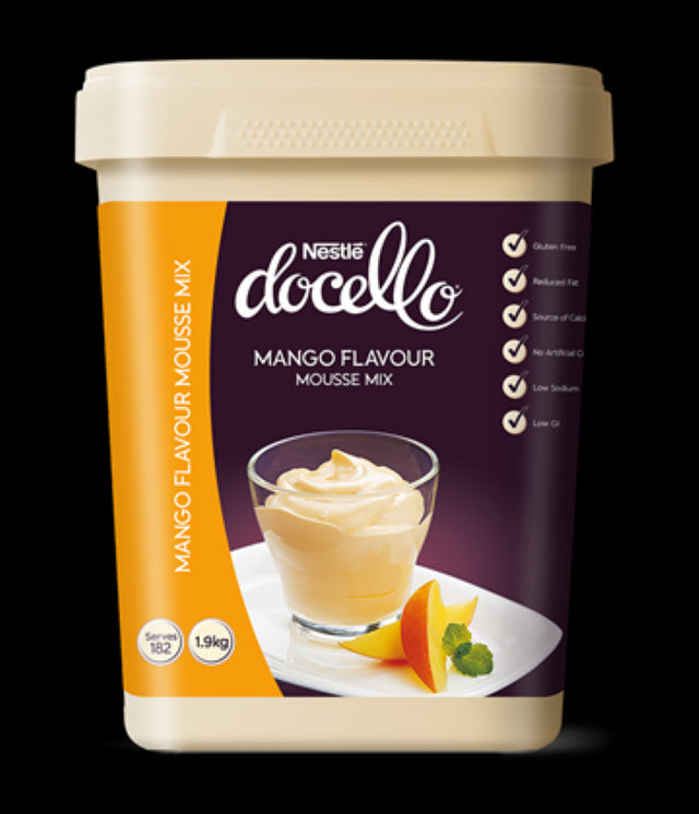 Nestle Docello Mango Mousse 1.9KG, low GI, gluten-free powdered mix for delicious, easy-to-make tropical desserts.