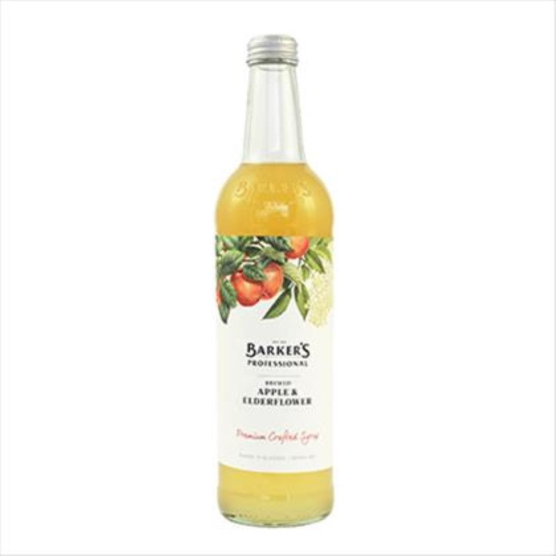 Barkers Apple Elderflower Brewed Syrup in a 500ml bottle, perfect for sweetening drinks and desserts with natural flavors.