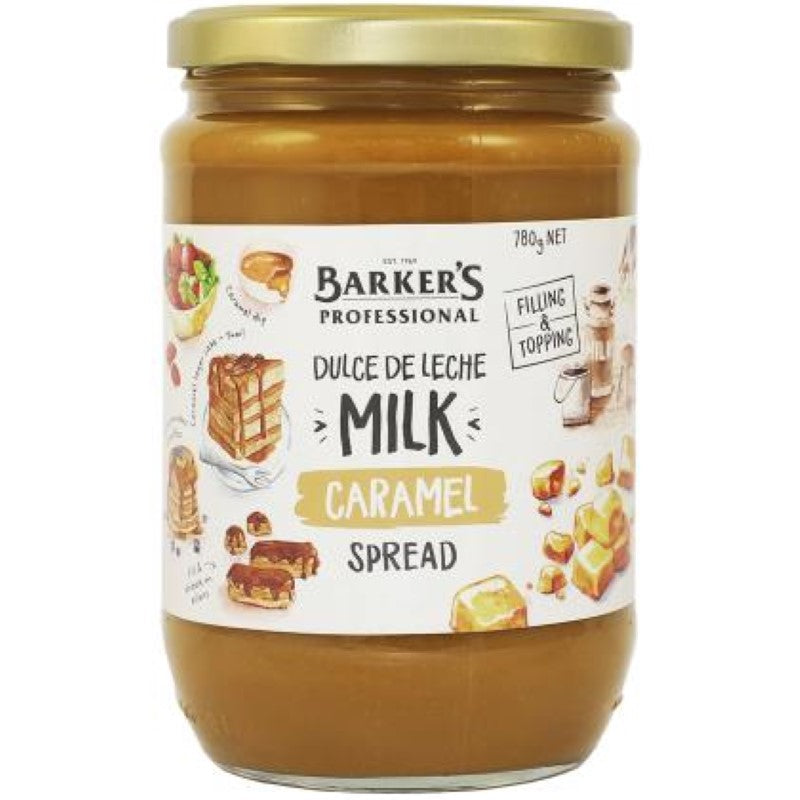 Rich and creamy Caramel Milk Dulce De Leche by Barkers, 780g, perfect for drizzling or spreading on treats.