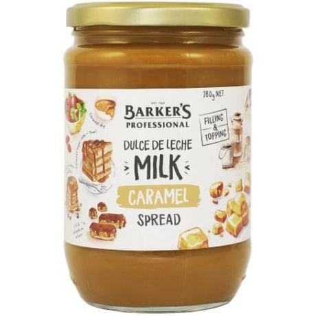 Rich and creamy Caramel Milk Dulce De Leche by Barkers, 780g, perfect for drizzling or spreading on treats.