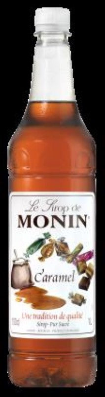 Golden amber Monin Caramel Syrup in a 1L bottle, perfect for enhancing coffee, desserts, and cocktails with rich flavor.