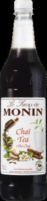 Syrup Chai Tea by Monin in a 1L bottle, perfect for enhancing drinks with rich masala chai flavors and aromatic spices.