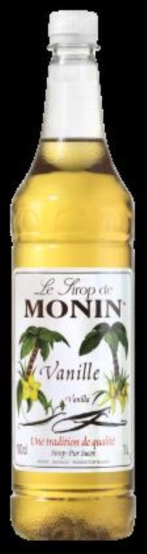 Bottle of Monin Vanilla Syrup, 1L, featuring pure Madagascar vanilla for enhancing drinks and desserts with rich flavor.