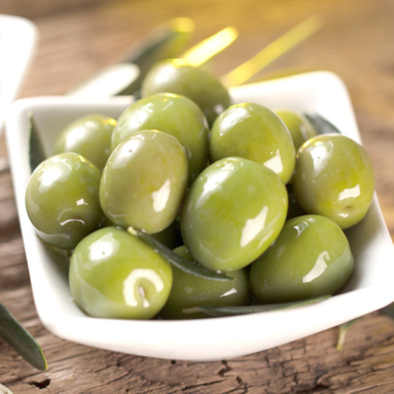 Premium 2KG pitted Green Queen olives from Greece, perfect for salads, snacks, and gourmet dishes.