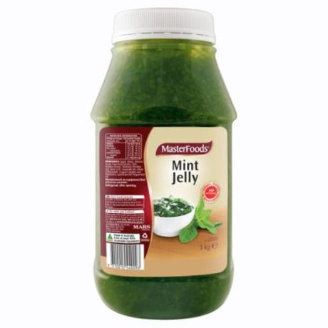 MasterFoods 3KG Sauce Jelly Mint jar, a versatile mint jelly ideal for meats, cheeses, and desserts with smooth texture and vibrant flavor.