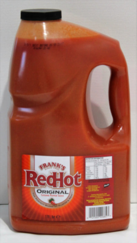 Large 3.78L bottle of Franks Red Hot Cayenne Pepper Sauce, perfect for adding heat and flavor to any dish.