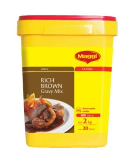 Maggi Rich Brown Gravy Mix in a 2KG pack, perfect for enhancing flavors in roasts and casseroles.