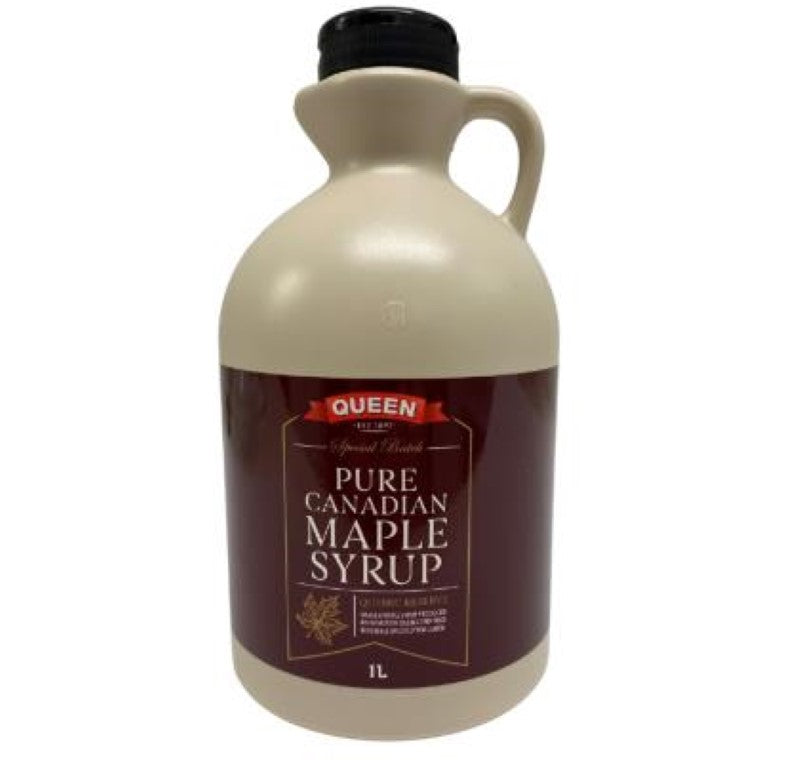 100% Pure Maple Syrup from Queen in a 1L bottle, featuring a dark, robust flavor perfect for pancakes and waffles.