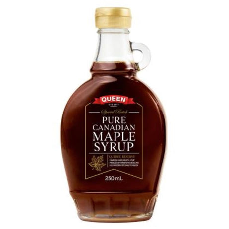 100% pure Canadian maple syrup in a 250ml bottle, featuring a dark amber color and robust flavor, perfect for pancakes and desserts.