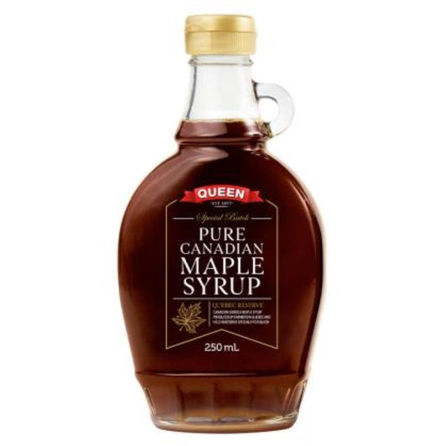 100% pure Canadian maple syrup in a 250ml bottle, featuring a dark amber color and robust flavor, perfect for pancakes and desserts.