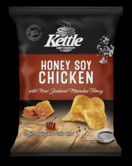 Bag of Kettle Chips Honey Soy Chicken featuring sweet honey and savory soy, made with New Zealand Manuka Honey, 24x40g packs.