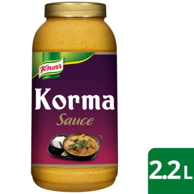 Creamy, ready-to-use Indian Korma sauce in a 2.2KG jar, made with garlic, ginger, and coriander, no artificial additives.