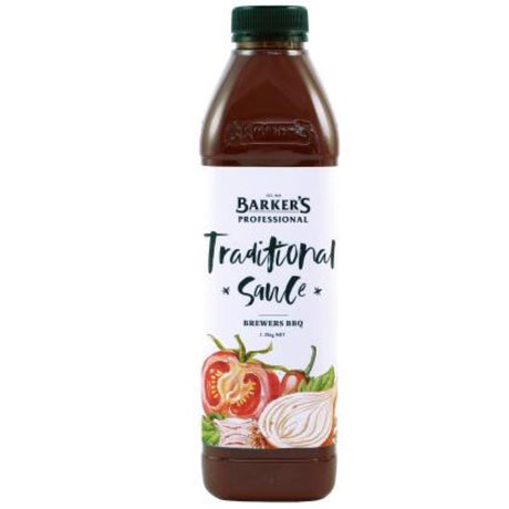 Rich mid to dark brown barbecue sauce by Barkers, blending tomato, molasses, and beer, perfect for grilling and marinating.