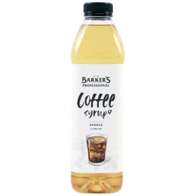 Golden 1L bottle of Barkers Vanilla Syrup, perfect for enhancing coffee and desserts with rich, aromatic sweetness.