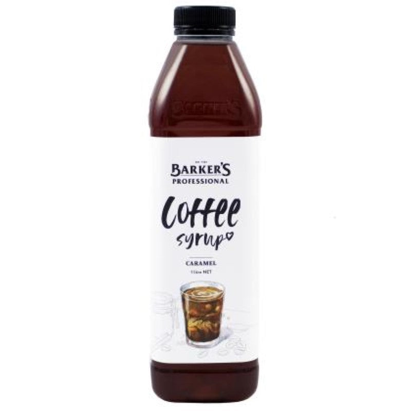 Barkers 1L Caramel Coffee Syrup, rich and velvety, perfect for enhancing drinks and desserts with sweet aromas.