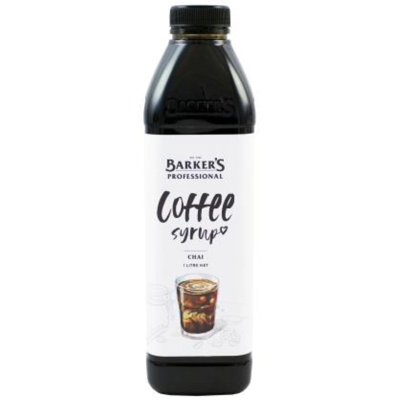 Barkers Syrup Coffee Chai, 1L; rich coffee and chai syrup for enhancing hot drinks and desserts.