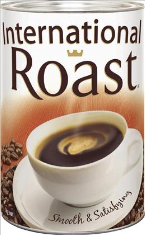 A 1KG tin of International Roast coffee, featuring premium, 100% natural beans for a smooth and mild flavor.