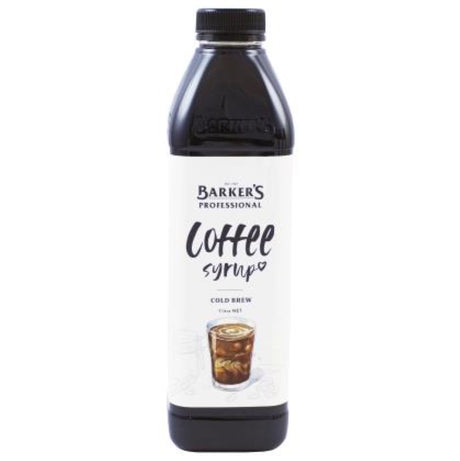 Barkers Syrup Coffee Cold Brew 1L bottle, ideal for creating flavorful iced coffee drinks, made in New Zealand.