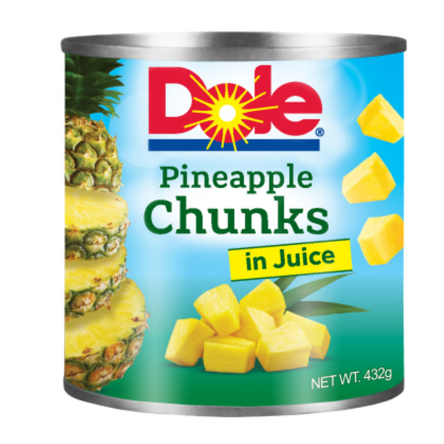 Delicious DOLE pineapple chunks in juice, 432g pack, perfect for snacking or adding fruity flavor to recipes.