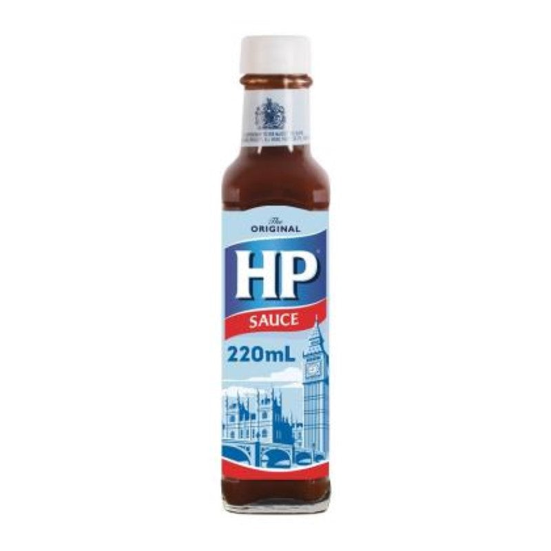 Bottle of HP Sauce 220ML, a classic British condiment with rich flavors from tomatoes, dates, and spices for versatile cooking.