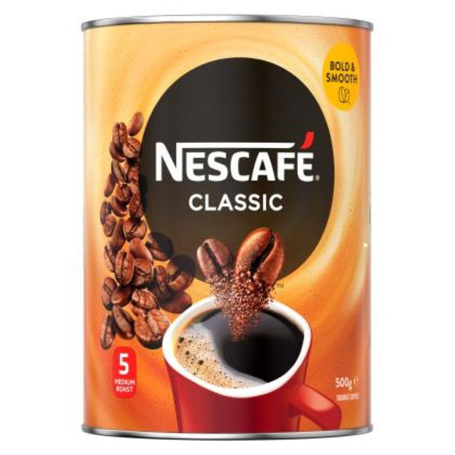 Nescafe Coffee Classic tin, 500g, featuring rich aroma and medium-dark roasted Robusta beans for a traditional brew.