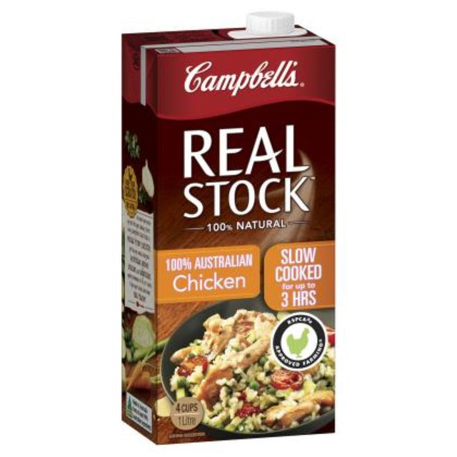 1L bottle of Campbell's Stock Chicken, 100% natural, 99% fat-free, perfect for enhancing soups, risottos, and stir-fries.