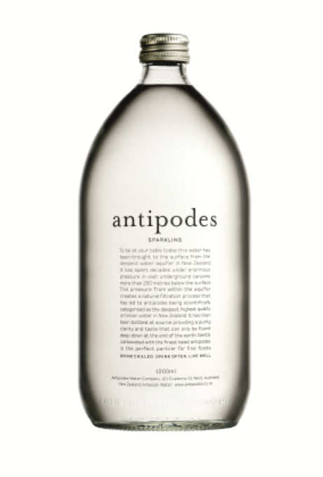 Twelve 1-liter bottles of Antipodes Sparkling Water, showcasing crisp, refreshing taste from New Zealand's pure waters.