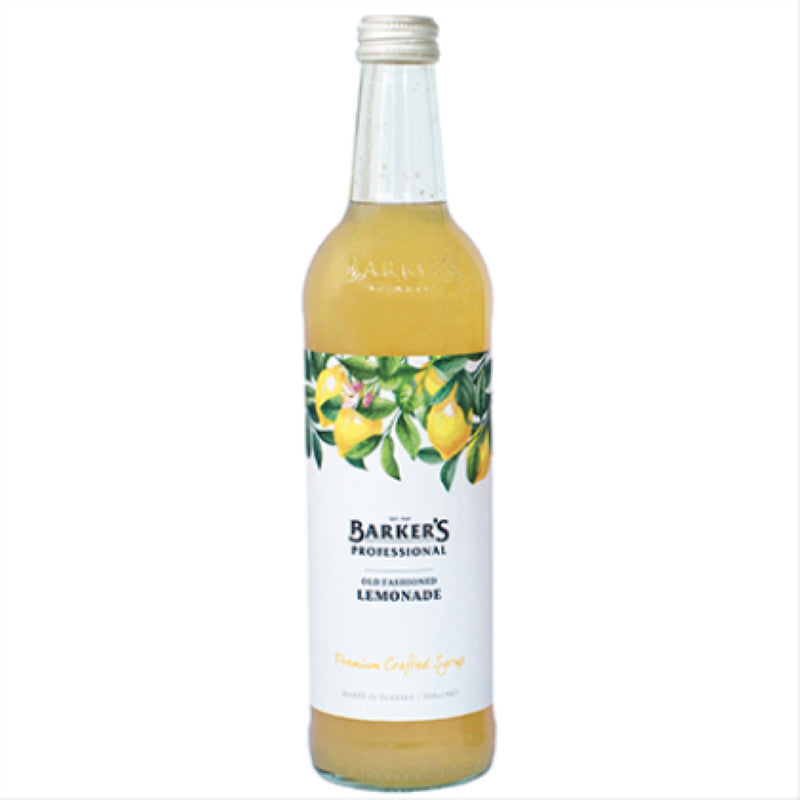 Bottle of Barkers Lemonade Old Fashioned Syrup, 500ml, featuring zesty lemon flavor, perfect for cocktails and refreshing drinks.