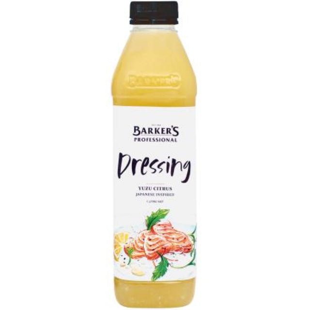 Cloudy yellow Dressing Yuzu Citrus from Barkers, infused with yuzu, lemon, and orange for vibrant salads and marinades.