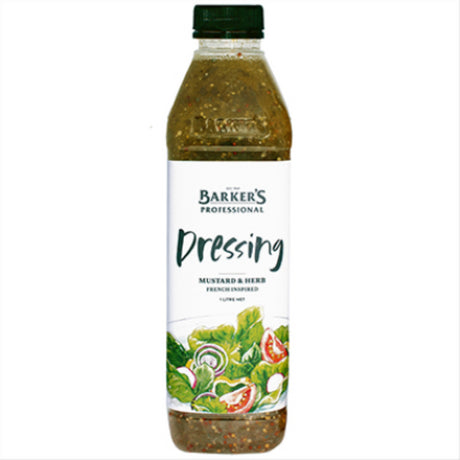 Barkers Dressing Mustard Herb 1L, a zesty blend of mustard seeds and herbs, perfect for enhancing salads and marinades.