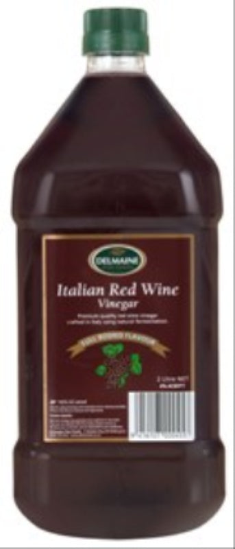 Delmaine 2L Red Wine Vinegar, Italy-sourced, adds rich flavor to salads, marinades, and sauces. Versatile culinary staple.