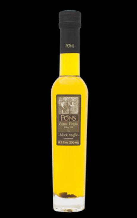 Bottle of Pons Oil Truffle Black (250ML), featuring luxurious extra virgin olive oil infused with aromatic black truffles.