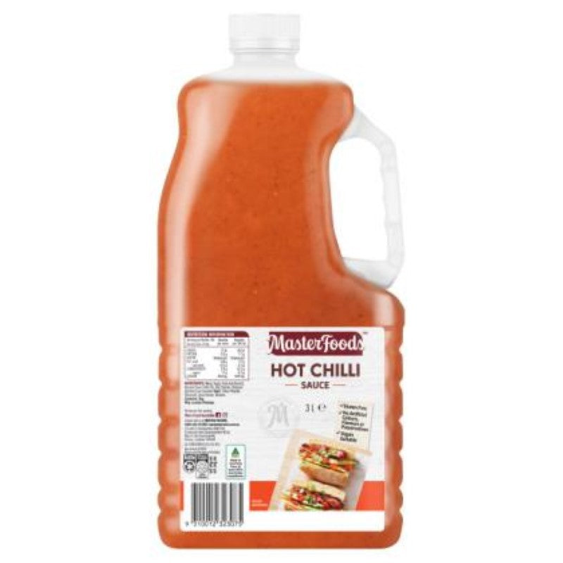 3L jar of MasterFoods Chilli Hot Sauce, perfect for adding fiery flavor to any dish or meal.