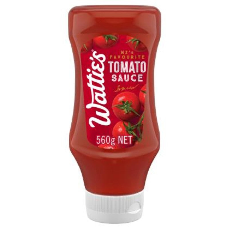 Bottle of Wattie's 560g Original Upside Down Tomato Sauce, ideal for enhancing pasta, pizza, and BBQ dishes.