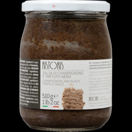 Ristoris 510g jar of Paste Champignon & Black Truffle, an Italian gourmet sauce for enhancing dishes with earthy flavors.