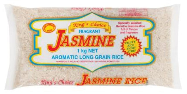 Aromatic Kings Choice Jasmine Rice 1KG from Thailand, perfect for fluffy, flavorful Asian dishes.