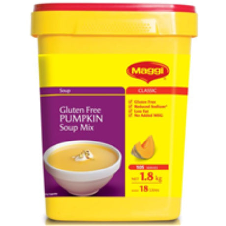 Gluten-free Maggi Pumpkin Soup mix, 1.8KG, offers velvety pumpkin flavor with a hint of potato, ideal for quick meals.