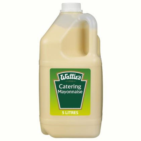 Thick, creamy 5L Wattie's mayonnaise for versatile culinary uses in foodservice, ideal for condiments and dressings.