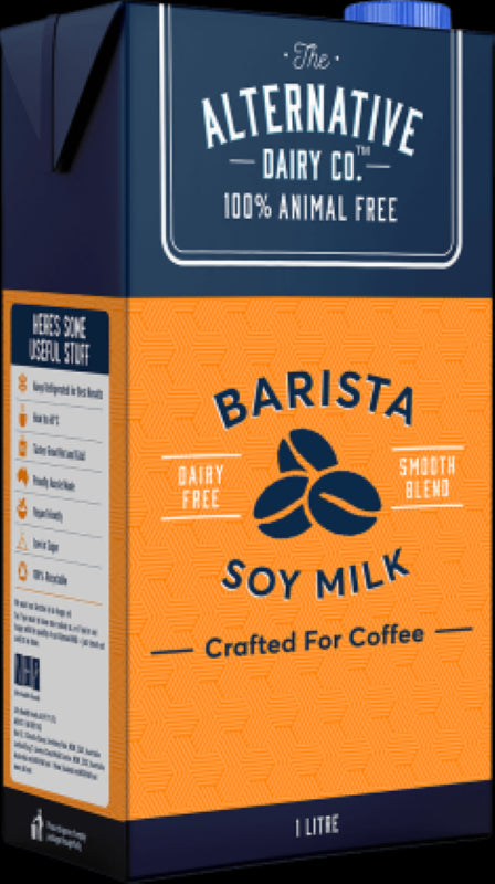 Creamy 1L Barista Soy Milk from Alternative Dairy Co, perfect for frothing and enhancing coffee beverages. Made in Australia.