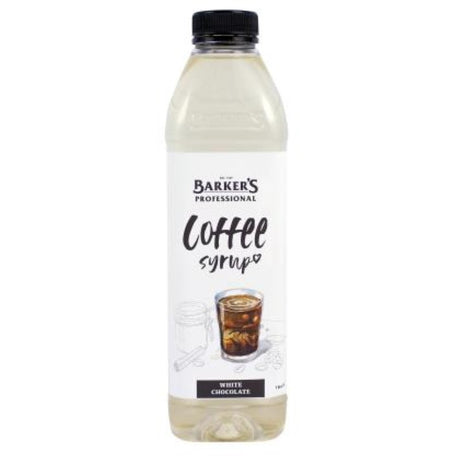 Barkers 1L Syrup Coffee White Chocolate, a rich blend for enhancing beverages and desserts, made in New Zealand.