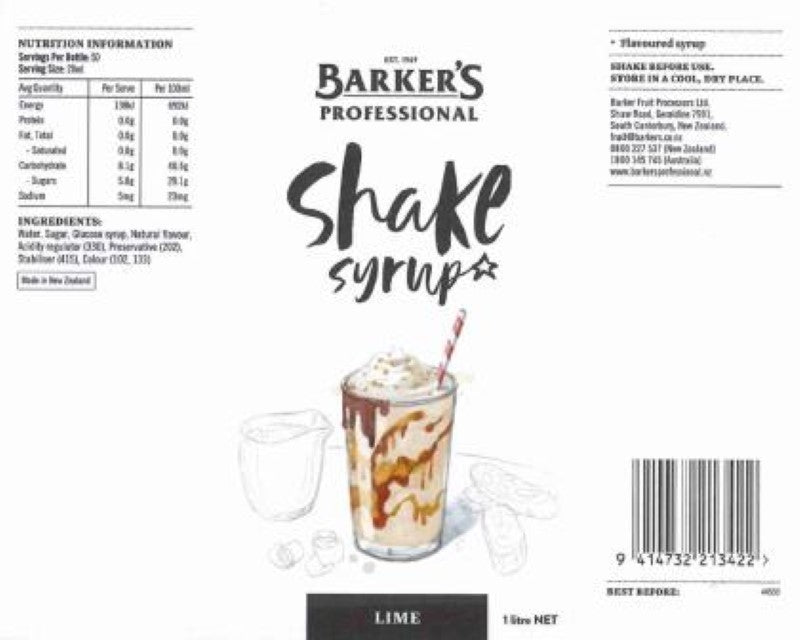 Barkers Lime Shake Syrup, 1L bottle, adds zesty lime flavor to cocktails and smoothies, crafted in New Zealand.