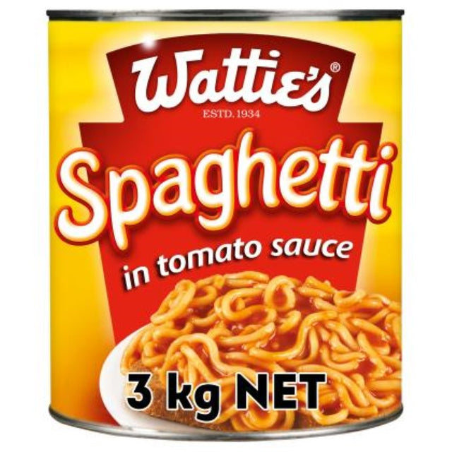 Wattie's 3KG Spaghetti in Tomato Sauce, a convenient meal solution with no added colors, perfect for families and catering.