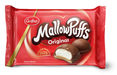 Delicious Griffin's Mallowpuffs: soft marshmallow on a crisp biscuit, coated in rich chocolate, 200g of New Zealand delight.