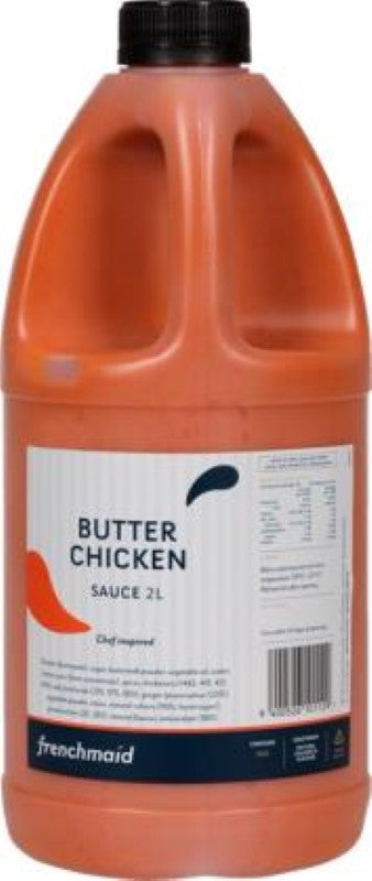 Rich and creamy Frenchmaid Butter Chicken sauce in a 2L pack, infused with aromatic Indian spices for versatile use.