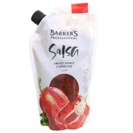 Salsa Sweet Roasted Capsicum by Barkers, a 1KG gourmet salsa with sweet, smoky flavors for versatile dish enhancement.