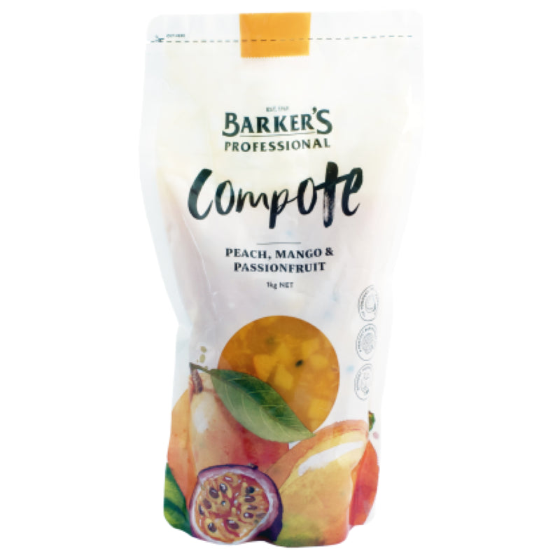 Compote jar featuring a blend of mango, passionfruit, and peach flavors in a 1KG package by Barkers.