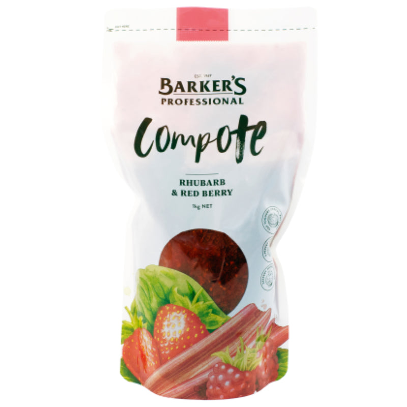 Luscious 1KG compote blending vibrant red berries and tangy rhubarb, perfect for toppings, desserts, or smoothies.