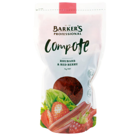 Luscious 1KG compote blending vibrant red berries and tangy rhubarb, perfect for toppings, desserts, or smoothies.